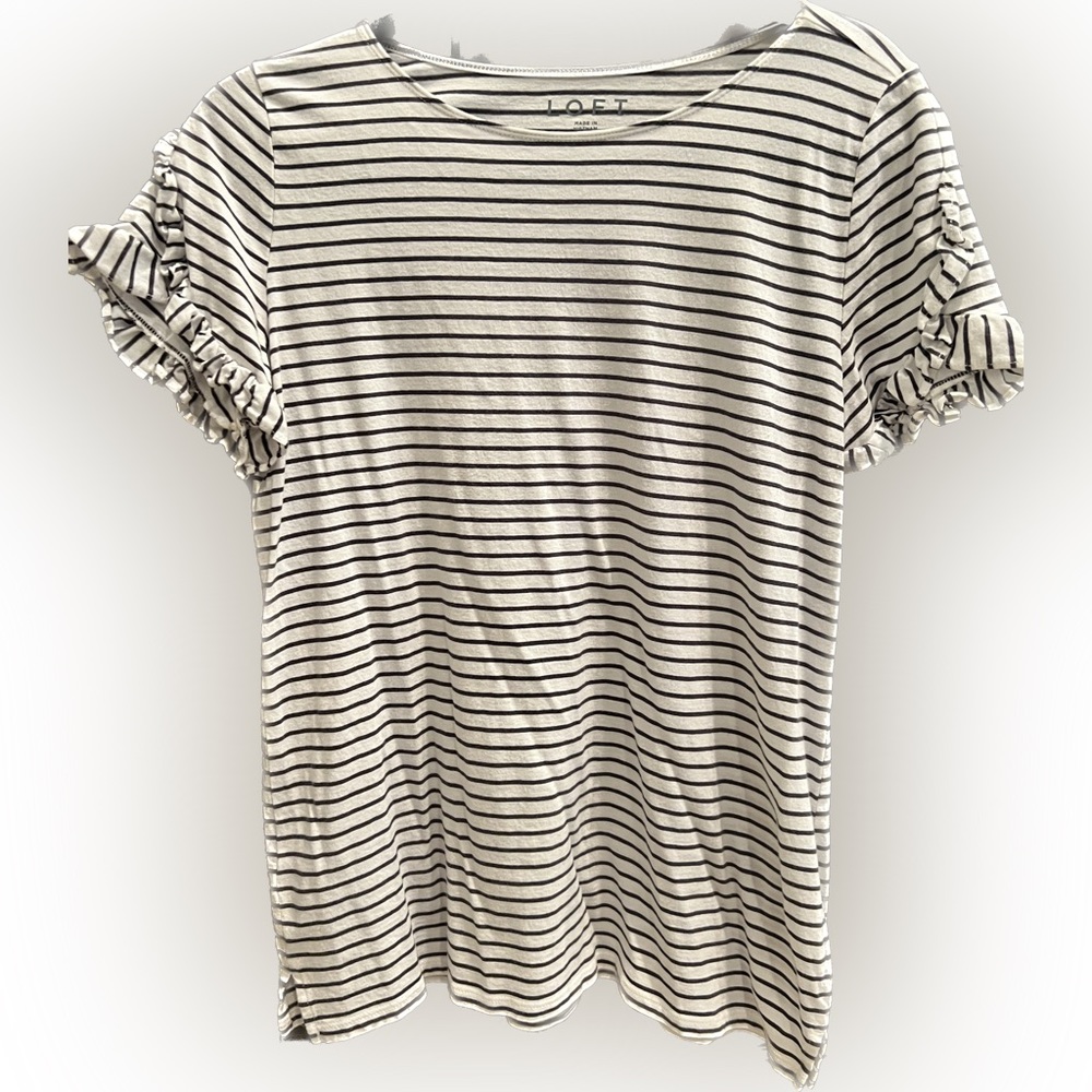 LOFT navy & white striped tee with ruffle sleeves, medium